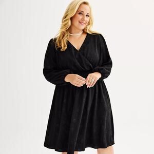 Draper James Black Long Sleeve Smocked Waist Floral Textured Dress